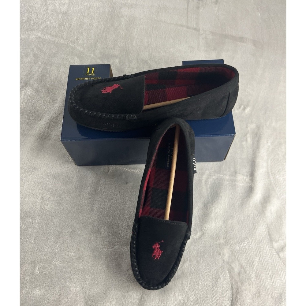 Polo Ralph Lauren Slipper Women 11 Black Dezi V Moccasin Memory Foam Pony Logo - Picture 2 of 8